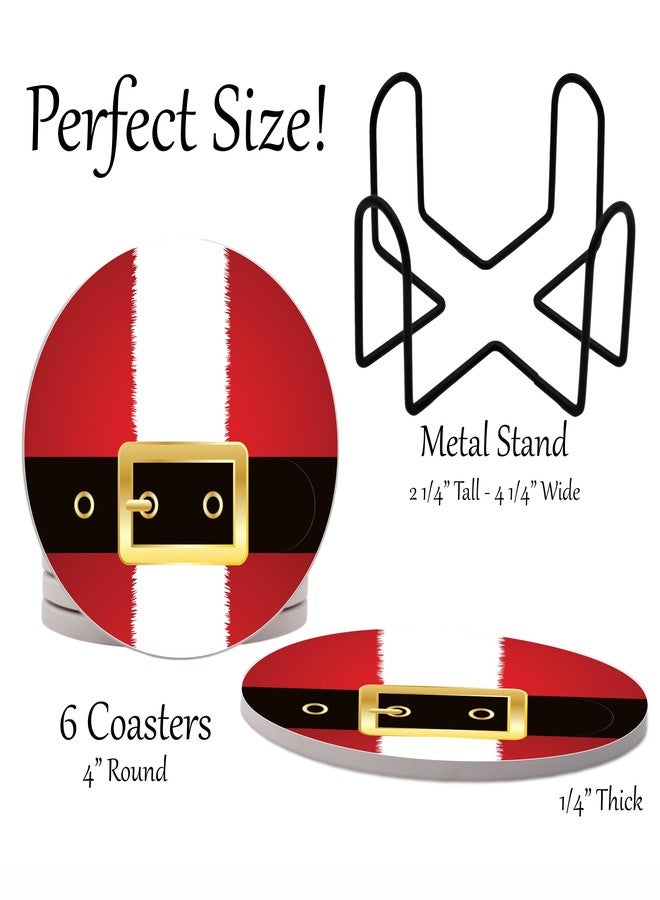 DAJDC Santa Claus Belt Christmas Holiday Season Round Coasters Set of 6 - Abosrbent Ceramic Coasters with Metal Stand for Drinks, Coffee, Non-Slip Cork Back for Tabletop - Image 2